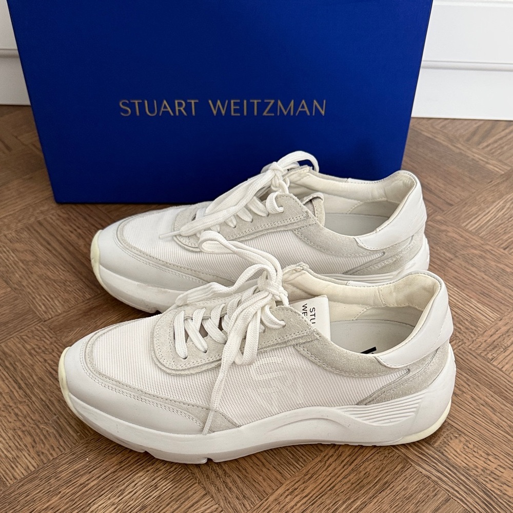 Stuart Weitzman Cream and White Sporty Low-Top Sneakers